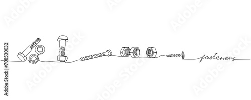 Screw, fasteners, bolt and nut, dowel, pin, pintle one line art. Continuous line drawing of repair, professional, hand, people, concept, support, maintenance with inscription, lettering, handwritten. photo