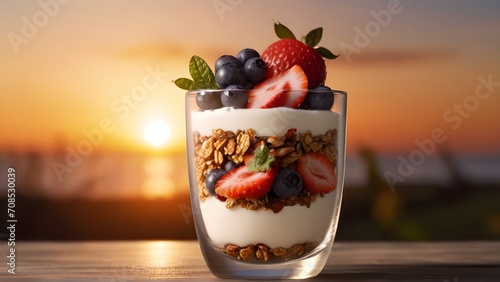 Parfait glass filled with granola yogurt and fresh fruits against morning sunrise, background image, generative AI