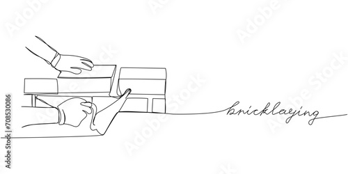 Bricklaying, building, building walls one line art. Continuous line drawing of repair, professional, hand, people, concept, support, maintenance with inscription, lettering, handwritten.