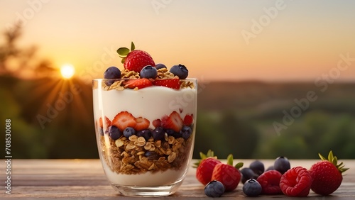 Parfait glass filled with granola yogurt and fresh fruits against morning sunrise, background image, generative AI photo