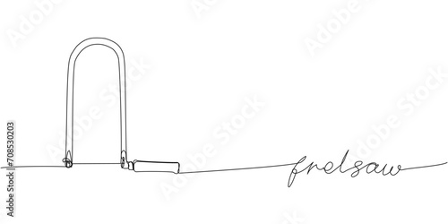 Jigsaw, fretsaw, woodworking tool one line art. Continuous line drawing of repair, professional, hand, people, concept, support, maintenance with inscription, lettering, handwritten.