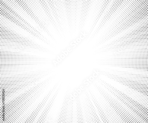 Halftone gradient sun rays pattern. abstract halftone vector dots background. monochrome dots pattern. pop art, comic small dots. star rays halftone poster. shine, explosion. sunrise rays background.	