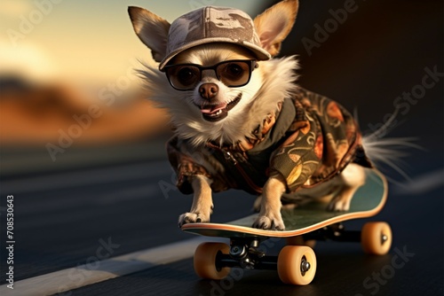 Amusing chihuahua dog, riding a skateboard in a funny illustration photo