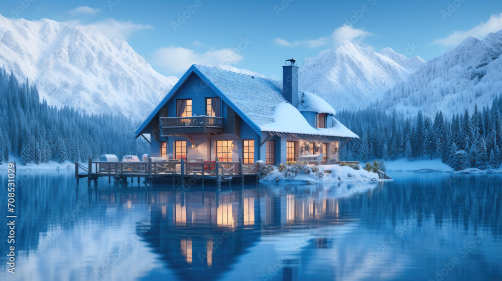 Fototapeta premium Serene Snowscape: Cabin in Nature