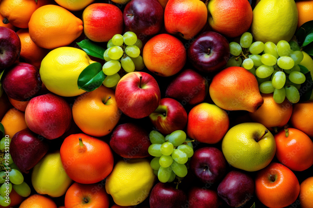Colorful bright pattern of different fruits, citrus and berries. Apples, pears, mangoes, grapes and lemons as a beautiful juicy background. Generated by AI.