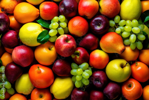 Colorful bright pattern of different fruits  citrus and berries. Apples  pears  mangoes  grapes and lemons as a beautiful juicy background. Generated by AI.