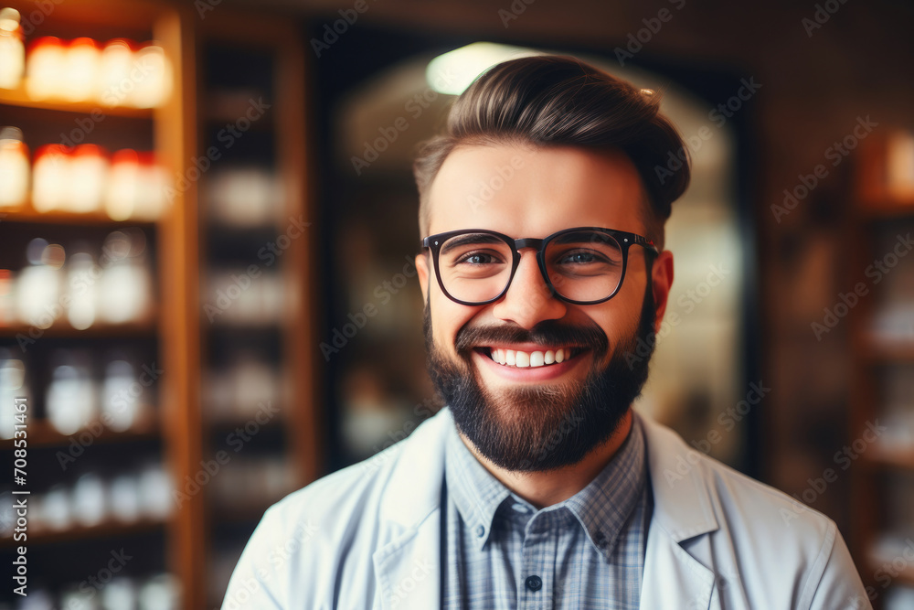 Fototapeta premium Neatly Stacked Medicines with Smiling Pharmacist
