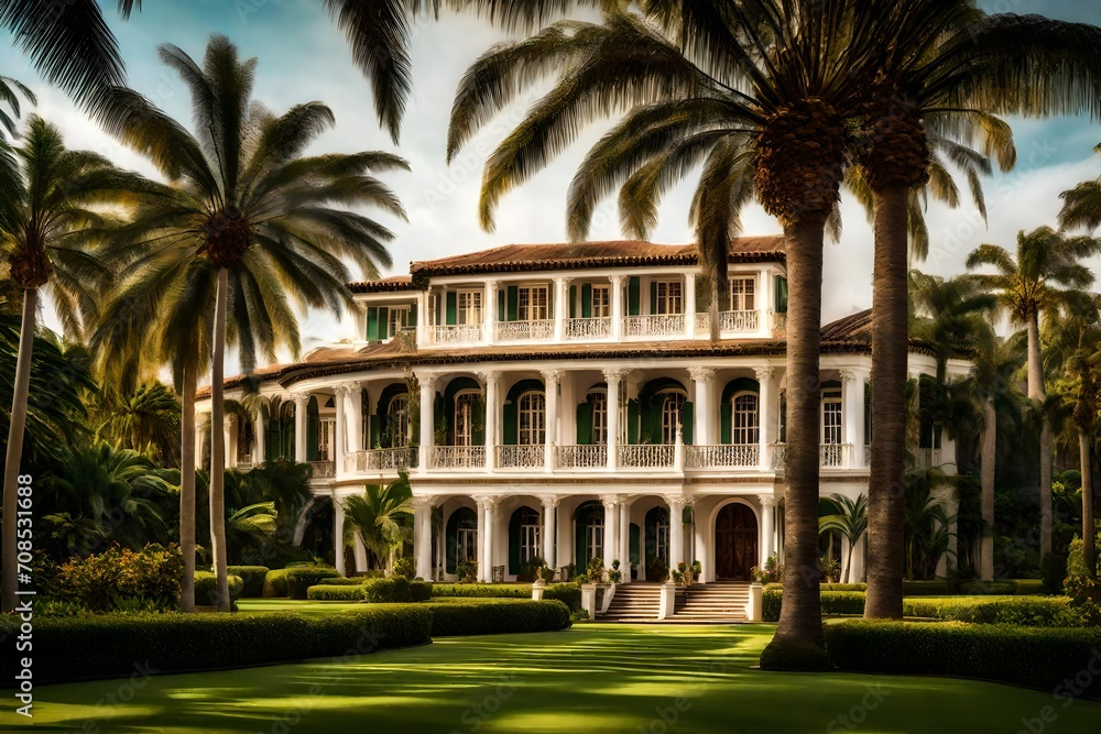 A colonial-style mansion surrounded by perfectly manicured gardens and towering palm trees.
