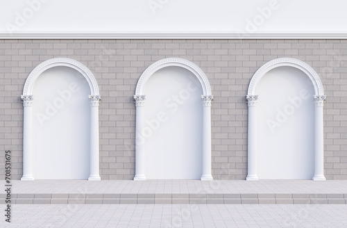 Elegant white arch with Corinthian style column decorated in a gray brick wall with empty frame for content 3d render