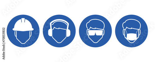 Bundle set blue round icon head protection, wear helmet, ear pad cover, goggle, face mask for industrial construction engineering safety sign photo