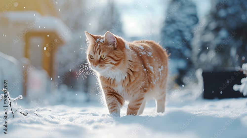 red cat walks in winter. Neural network AI generated art