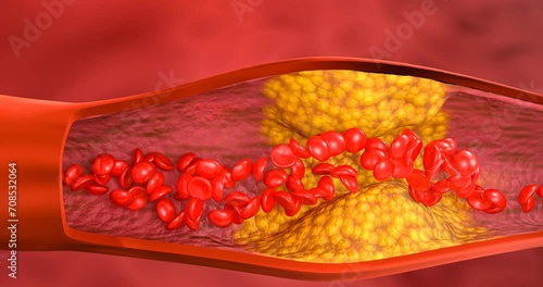 Expansion  fat in the blood vessels. Hyperlipidemia or arteriosclerosis.  human blood vessel disease with cholesterol fat buildup clogging. Clogged arteries, Cholesterol plaque artery. 3d rendering photo