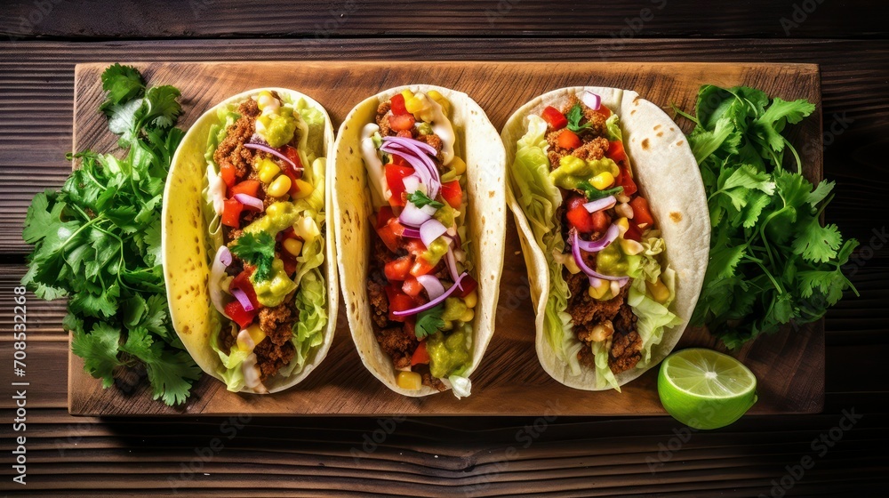 Mexican food taco on a cutting board with lime and parsley greens, top view. Mexican food taco on a cutting board with lime and parsley greens, top view.