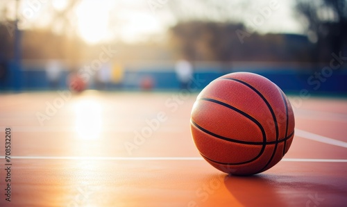 A basket ball on an amazing empty basketball court with blurred light backround. © Daniela