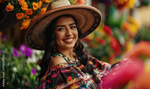 Beautiful mexican smiling and dancing gorgeous girl in traditional clothes with sombrero., pancho and heels. Amazing colorful flowers around her.