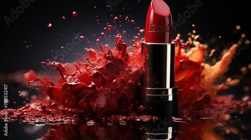 Red lipstick with red and orange liquid splash © duyina1990