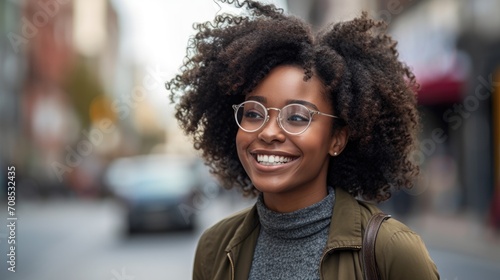 Portrait of a smiling young pretty african american woman wearing glasses in the city.