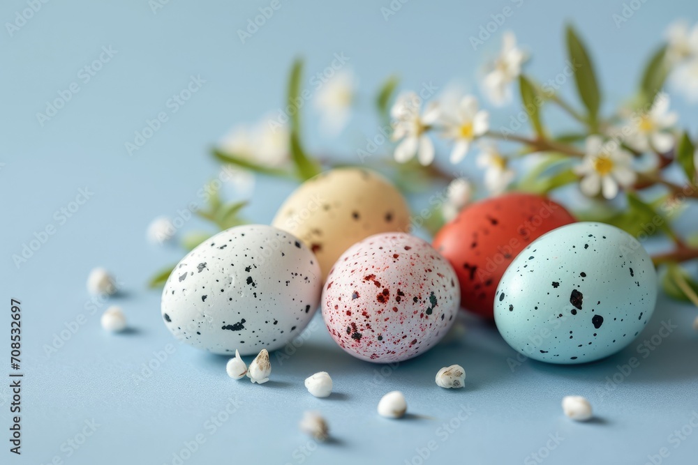 Fototapeta premium Colorful Speckled Easter Eggs Adorned With Spring Blossoms on a Pastel Blue Background