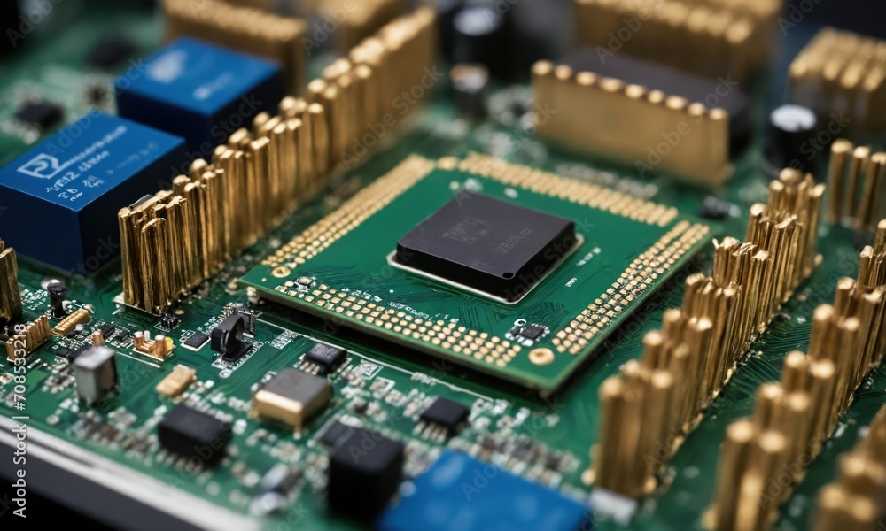Close-up of electronic circuit board with microchips and processor Close-up of electronic circuit board with microchips and processor