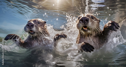 Otters in the water, ai generated. photo