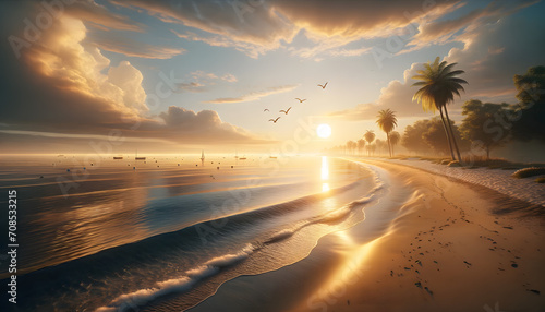 Amanecer Dorado en Playa Tropical con Palmeras, Reflejo del Sol en el Mar y Aves en Vuelo - Destino Perfecto para Vacaciones Relajantes