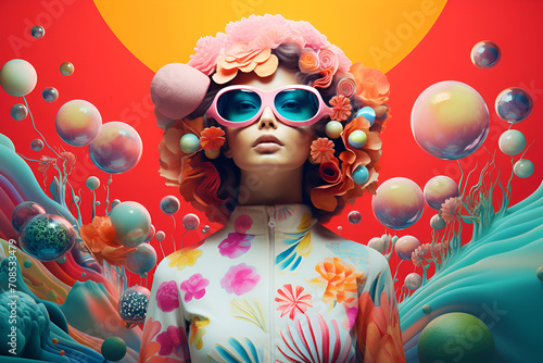 Girl with glasses on a background of surreal design using acid colors, summer holidays.