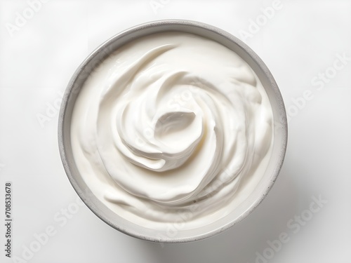 Top view of isolated bowl of sour cream