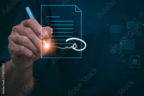 The person signing an electronic document on a smartphone, management concept, digital transformation Internet of Things, Big Data and Business Processes, Automated Operations, Data Storage