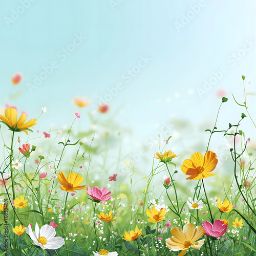 Spring and Summer seasonal colorful flower background design for social media post with copy-space for text. Beautiful realistic floral frame in cool color tone on blank blue sky background.