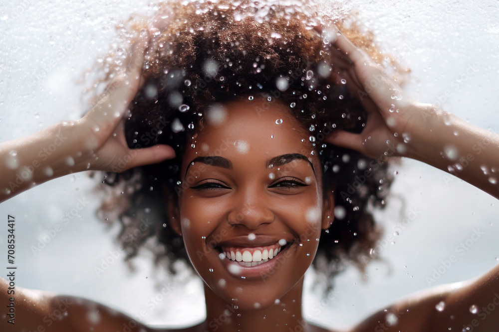 Fototapeta premium Happy black girl with curly hair in water drops. White background