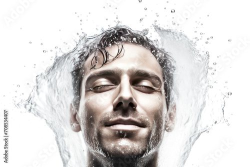 Close-up male portrait of a young attractive caucasian man laughing and splashing water.