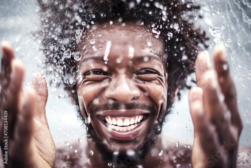 Young attractive African American man laughing and splashing water