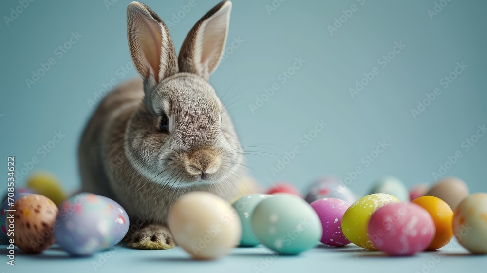 Adorable Bunny Surrounded by Colorful Easter Eggs on a Pastel Blue Background