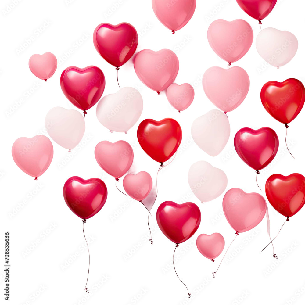  Beautiful flying heart ballons,isolated on transparent background. Valentines day, Anniversary, love or special day decoration concept