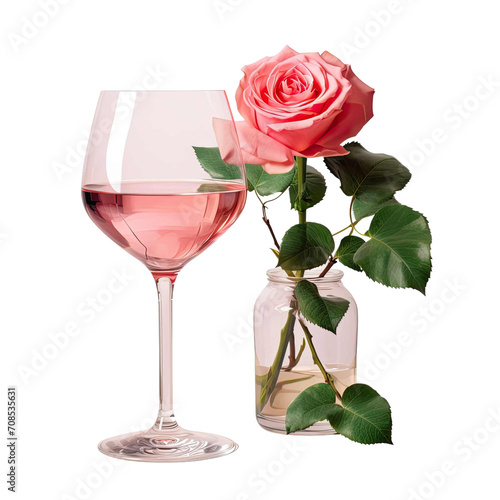  Beautiful pink rose with a glass of drink, isolated on transparent background. rose day, propose or valentines day concept.