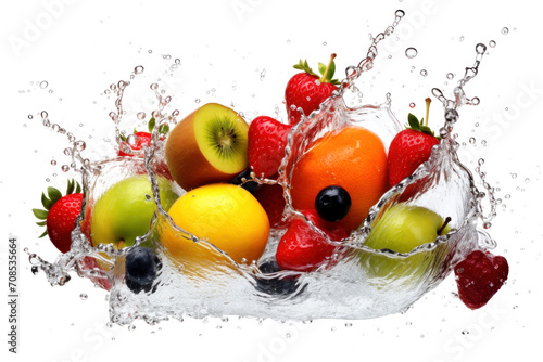 Fresh flying juicy berries and citrus fruits in drops and falling splashes