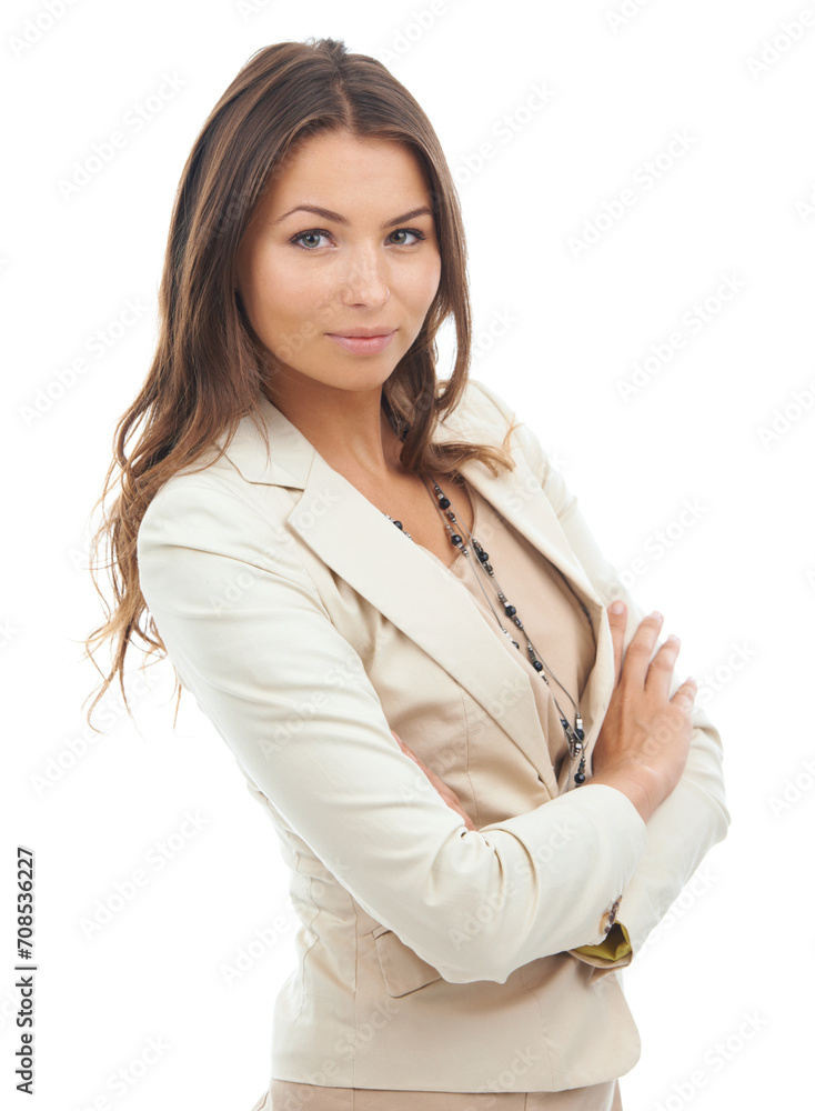 Business woman, portrait and professional in confidence or fashion on a white studio background. Face of young attractive female person, brunette or confident employee standing with arms crossed Business woman, portrait and professional in confidence or fashion on a white studio background. Face of young attractive female person, brunette or confident employee standing with arms crossed