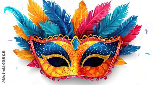 A colorful mask with feathers on a white background, Mardi Gras mask with colorful feathers.