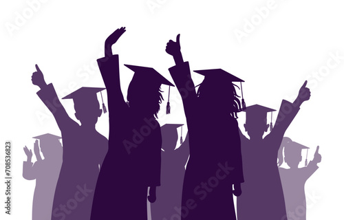 Happy crowd of graduates children in square academic caps. Cheerful people silhouette. Graduation ceremony. Vector illustration.