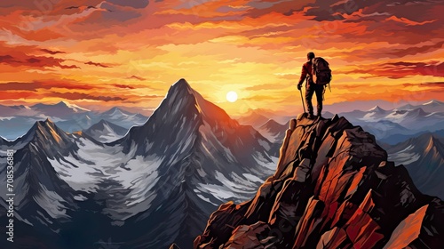 climber climbs the big rock, high mountains lofoten island, hiper northen light, midnight sun photo