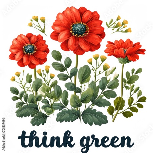 A bunch of red flowers with the words think green  text think green.