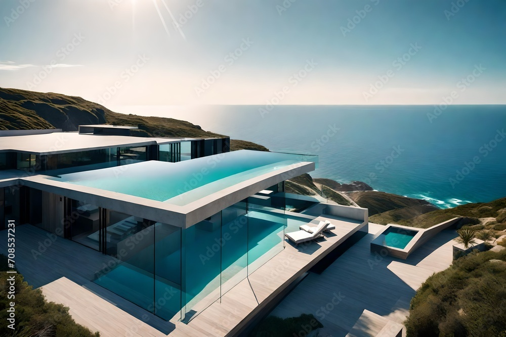A cliff-top residence with a glass-walled living room, providing panoramic ocean views.