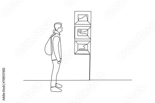 Simple continuous line drawing of man looking at panting ini exhibition.