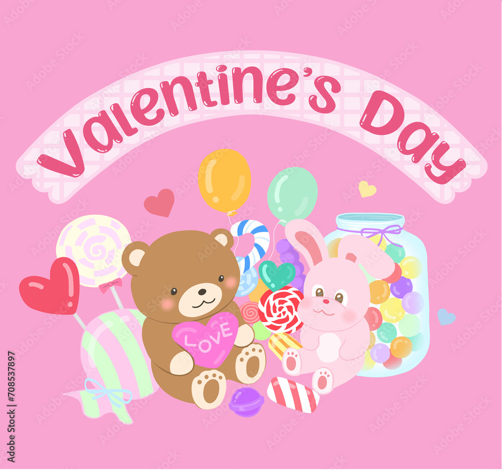 Cute Valentine's Day illustration with teddy bear and rabbit doll and candies Cute Valentine's Day illustration with teddy bear and rabbit doll and candies