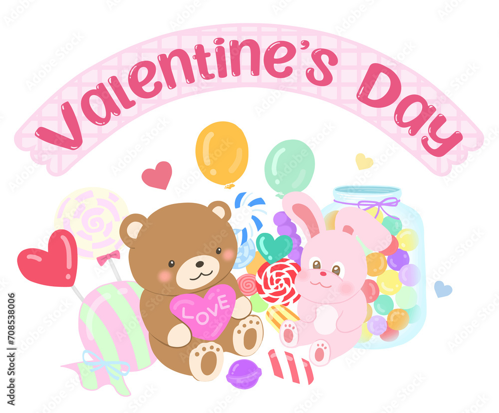Cute Valentine's Day illustration with teddy bear and rabbit doll and candies