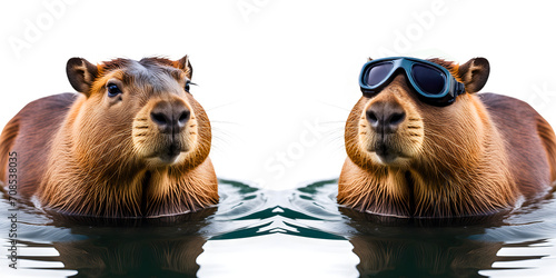 Capivaras nadando na superfície da água - com e sem óculos de mergulho - isoladas em fundo transparente. photo