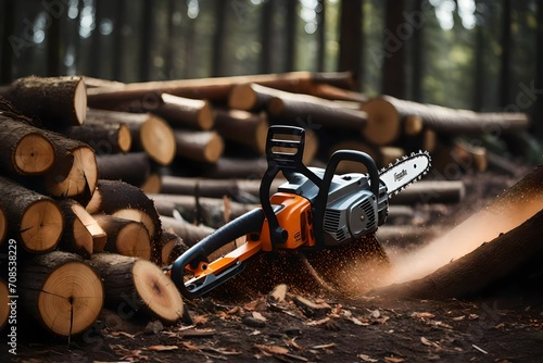 An HD photograph of a well-maintained chainsaw in use, cutting through a dense pile of logs in a forest setting. photo