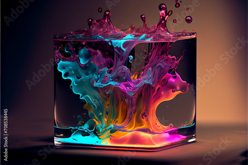Splash and splatter of paint. Fountain of liquid ink or acrylic paint or gouache in a glass. Drops of paint hang in the air. AI generated. photo
