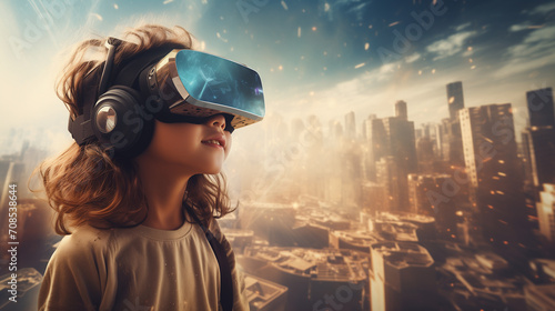 Happy girl in virtual reality glasses against background of city of future. Modern technologies. Copy space.