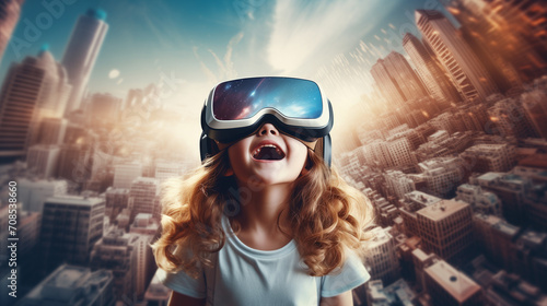 Happy girl in virtual reality glasses against background of city of future. Modern technologies. © Pion Studio